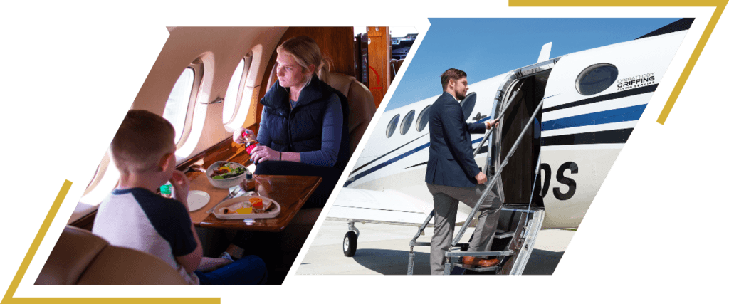 Griffing Flying Service's private aircraft feature state-of-the-art luxury with fully reclining, plush leather seating, work tables, and plenty of legroom to stretch out.