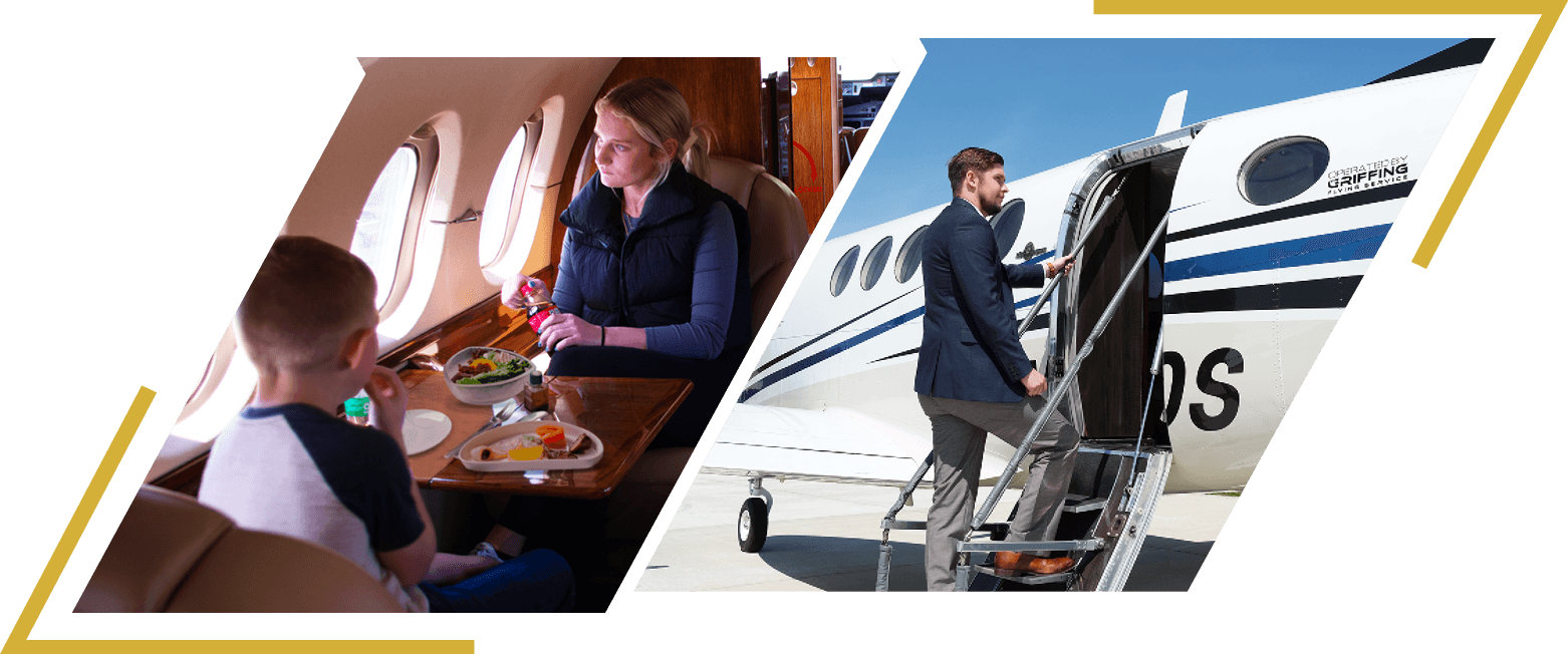 Griffing Flying Service's private aircraft feature state-of-the-art luxury with fully reclining, plush leather seating, work tables, and plenty of legroom to stretch out.