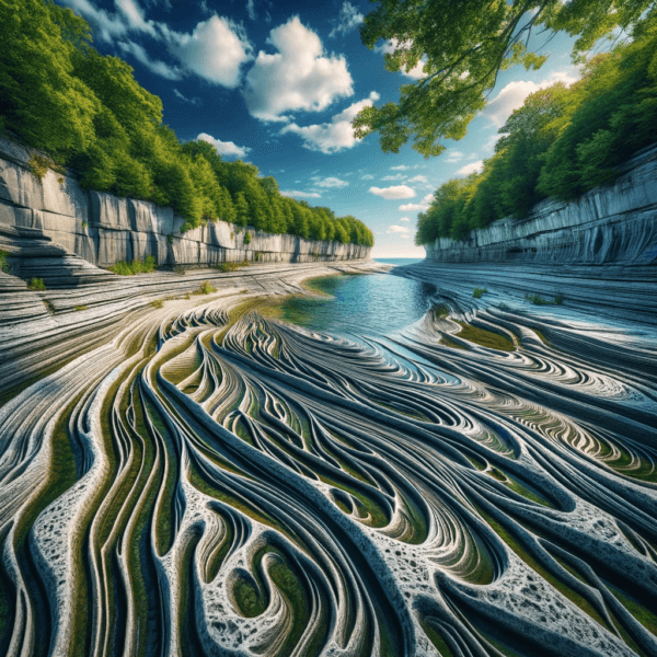 Griffing Flying Service - A stunning image of the Glacial Grooves on Kelley's Island, showcasing the deep, intricate patterns carved into limestone, surrounded by lush green fo.png