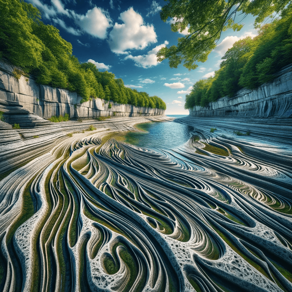 Griffing Flying Service - A stunning image of the Glacial Grooves on Kelley's Island, showcasing the deep, intricate patterns carved into limestone, surrounded by lush green foliage