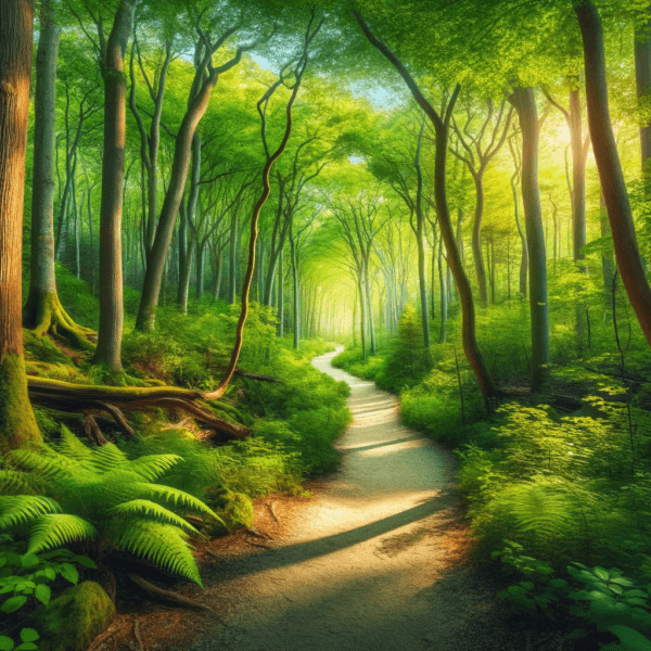 An image depicting a serene nature trail on Kelley's Island, showcasing a well-defined path meandering through a lush forest, with tall trees
